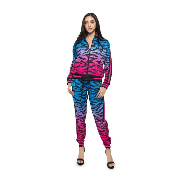 Woman 2pcs Tracksuit Green Red Stripes Tiger Printed O Neck Hoodie+Long Pant
